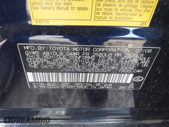 2008 Lexus GS 350 with VIN JTHCE96S280020529, listed as a IAAI auction lot 41978957 with 153,497 mi miles. Bid and sale history available at carsss.com. Image 9.