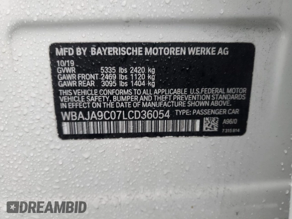 2020 BMW 5 Series 530e with VIN WBAJA9C07LCD36054, listed as a Copart auction lot 44635065 with 59,512 mi miles and Salvage Title. Bid and sale history available at DreamBid. Image 12.