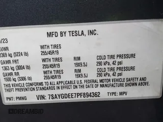 2023 Tesla Model Y Long Range with VIN 7SAYGDEE7PF894362, listed as a IAAI auction lot 41512492 with 27,513 mi miles. Bid and sale history available at carsss.com. Image 9.