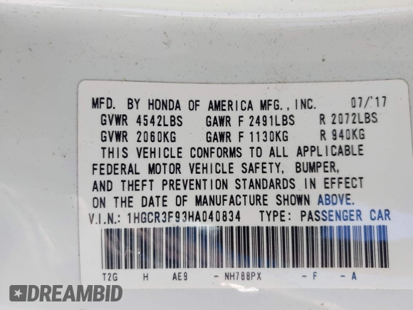 2017 Honda Accord Touring with VIN 1HGCR3F93HA040834, listed as a IAAI auction lot 41979952 with 79,686 mi miles and . Bid and sale history available at DreamBid. Image 9.