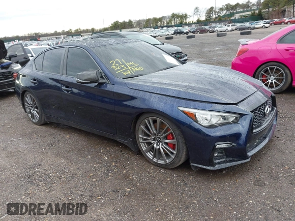 2021 Infiniti Q50 Red Sport 400 with VIN JN1FV7DR7MM880161, listed as a IAAI auction lot 41921069 with 27,323 mi miles and . Bid and sale history available at DreamBid. Image 1.
