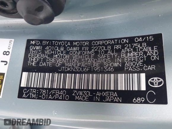 2015 Toyota Prius Four with VIN JTDKN3DU6F1951346, listed as a IAAI auction lot 41841483 with 258,939 mi miles. Bid and sale history available at carsss.com. Image 9.
