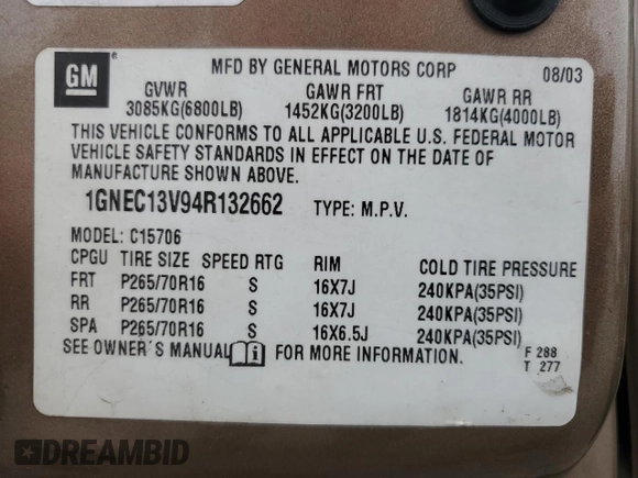 2004 Chevrolet Tahoe LS with VIN 1GNEC13V94R132662, listed as a Copart auction lot 72216484 with 297,303 mi miles and Salvage Title. Bid and sale history available at carsss.com. Image 13.
