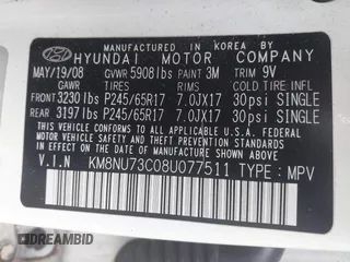 2008 Hyundai Veracruz GLS with VIN KM8NU73C08U077511, listed as a IAAI auction lot 42213972 with 202,230 mi miles and . Bid and sale history available at DreamBid. Image 9.