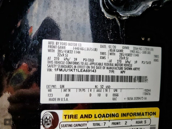 2020 Ford Expedition Limited z VIN 1FMJU1KT1LEA69143, wystawiony jako Copart lot #58262515 z przebiegiem 84 505 mil mil oraz Szkoda całkowita • Salvage title. Historia ofert i sprzedaży dostępna na DreamBid. Obrazek 14.