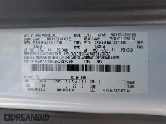2016 Ford Transit XL с VIN 1FMZK1CM5GKA27095, выставлен на аукционе Copart как лот 88112265 с пробегом 73 951 миль миль и Чистый • Clean title. История ставок и продаж доступна на DreamBid. Изображение 13.