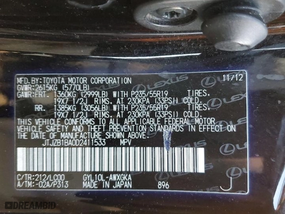 2013 Lexus RX 450h with VIN JTJZB1BA0D2411533, listed as a Copart auction lot 87529315 with 118,202 mi miles and Salvage Title. Bid and sale history available at carsss.com. Image 14.