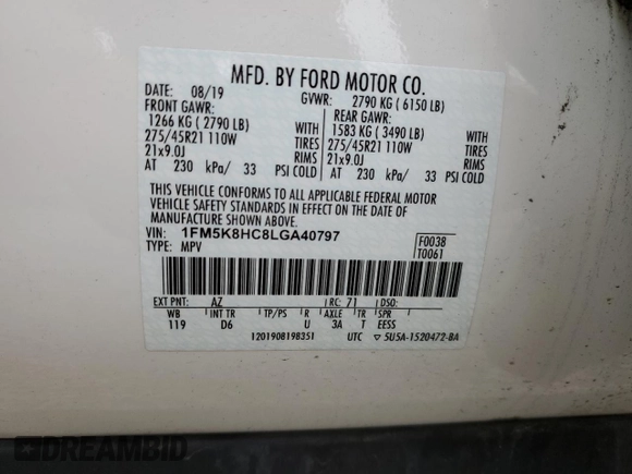 2020 Ford Explorer Platinum с VIN 1FM5K8HC8LGA40797, выставлен на аукционе Copart как лот 59525465 с пробегом 53 627 миль миль и Списание • Salvage title. История ставок и продаж доступна на DreamBid. Изображение 14.