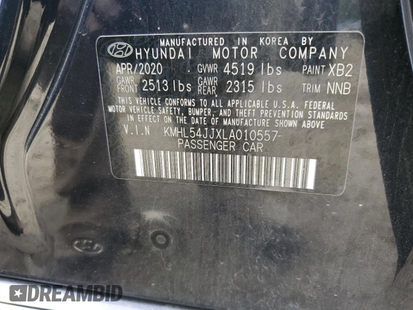 2020 Hyundai Sonata Hybrid Limited with VIN KMHL54JJXLA010557, listed as a Copart auction lot 48405174 with 0 mi miles and Salvage Title. Bid and sale history available at carsss.com. Image 13.