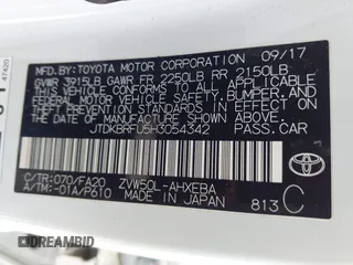 2017 Toyota Prius Two with VIN JTDKBRFU5H3054342, listed as a IAAI auction lot 41938108 with 193,965 mi miles and . Bid and sale history available at carsss.com. Image 9.