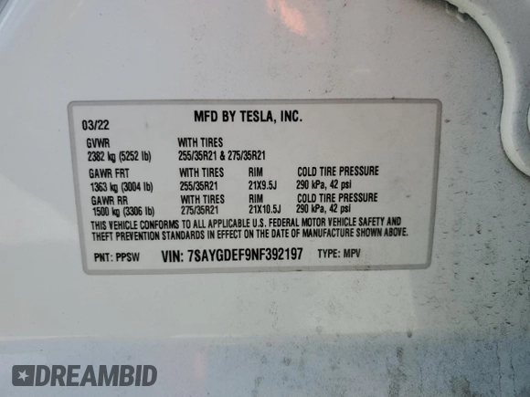 2022 Tesla Model Y Performance with VIN 7SAYGDEF9NF392197, listed as a Copart auction lot 57259105 with 43,400 mi miles and Salvage title. Bid and sale history available at DreamBid. Image 12.