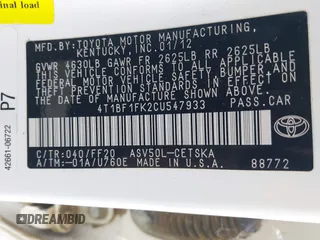 2012 Toyota Camry L with VIN 4T1BF1FK2CU547933, listed as a IAAI auction lot 42020368 with 217,708 mi miles and . Bid and sale history available at carsss.com. Image 9.