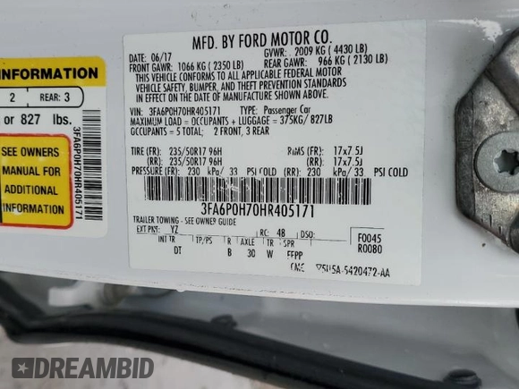 2017 Ford Fusion SE with VIN 3FA6P0H70HR405171, listed as a Copart auction lot 60676645 with 107,739 mi miles and Clean title. Bid and sale history available at DreamBid. Image 12.