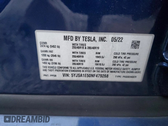 2022 Tesla Model S with VIN 5YJSA1E50NF479268, listed as a Copart auction lot 85481184 with Not provided miles and Non repairable. Bid and sale history available at DreamBid. Image 13.