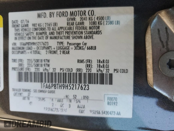 2017 Ford Mustang EcoBoost with VIN 1FA6P8TH9H5217623, listed as a Copart auction lot 52558825 with 81,796 mi miles and Salvage Title. Bid and sale history available at DreamBid. Image 14.