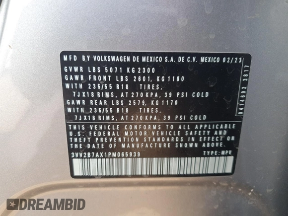 2023 Volkswagen Tiguan SE z VIN 3VV2B7AX1PM065939, wystawiony jako Copart lot #45315355 z przebiegiem 18 729 mil mil oraz Szkoda całkowita • Salvage title. Historia ofert i sprzedaży dostępna na DreamBid. Obrazek 13.