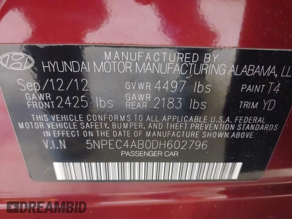 2013 Hyundai Sonata Limited with VIN 5NPEC4AB0DH602796, listed as a IAAI auction lot 41776541 with 206,329 mi miles and . Bid and sale history available at carsss.com. Image 9.