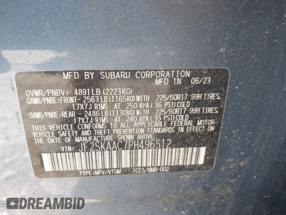 2023 Subaru Forester с VIN JF2SKAAC7PH496512, выставлен на аукционе IAAI как лот 42584494 с пробегом 23 059 миль миль и . История ставок и продаж доступна на DreamBid. Изображение 9.