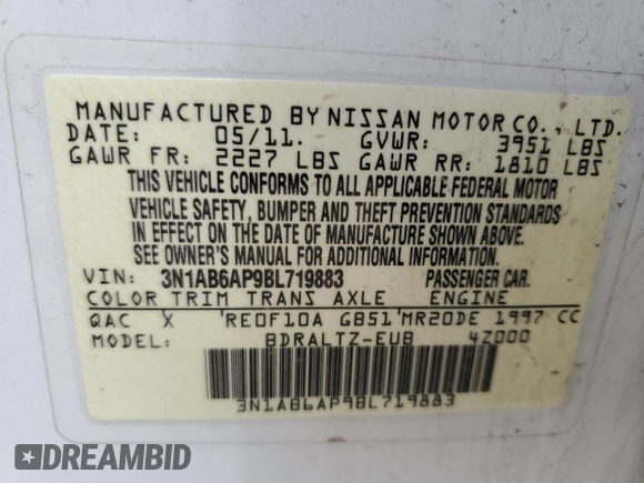 2011 Nissan Sentra S with VIN 3N1AB6AP9BL719883, listed as a Copart auction lot 61221535 with 167,561 mi miles and Salvage title. Bid and sale history available at DreamBid. Image 13.