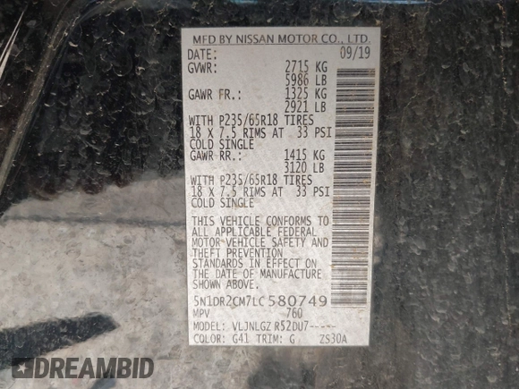 2020 Nissan Pathfinder SL with VIN 5N1DR2CM7LC580749, listed as a IAAI auction lot 42000552 with 113,008 mi miles and . Bid and sale history available at DreamBid. Image 9.