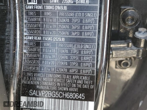 2012 Land Rover Range Rover Evoque Pure Plus с VIN SALVP2BG5CH680645, выставлен на аукционе Copart как лот 54703805 с пробегом 137 704 миль миль и Списание • Salvage title. История ставок и продаж доступна на DreamBid. Изображение 13.