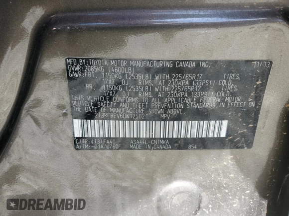 2013 Toyota RAV4 XLE with VIN 2T3RFREV6DW125021, listed as a Copart auction lot 58011425 with 167,139 mi miles and Salvage title. Bid and sale history available at DreamBid. Image 12.