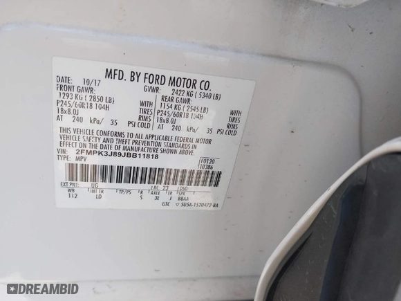 2018 Ford Edge SEL with VIN 2FMPK3J89JBB11818, listed as a IAAI auction lot 41790410 with 188,450 mi miles. Bid and sale history available at carsss.com. Image 9.
