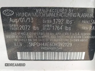 2013 Hyundai Elantra Limited with VIN 5NPDH4AE6DH392129, listed as a IAAI auction lot 42218163 with 185,124 mi miles and . Bid and sale history available at DreamBid. Image 9.