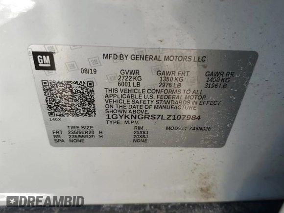 2020 Cadillac XT5 Sport AWD with VIN 1GYKNGRS7LZ107984, listed as a Copart auction lot 42578205 with 88,411 mi miles and Salvage title. Bid and sale history available at DreamBid. Image 14.