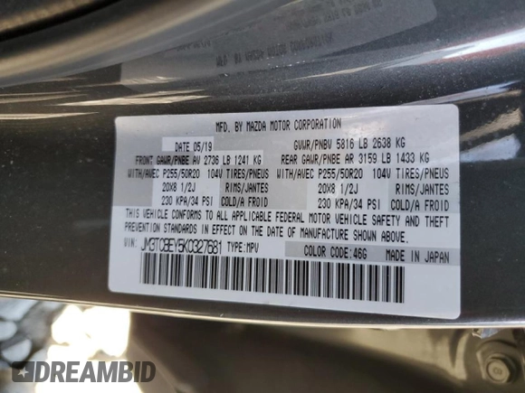 2019 Mazda CX-9 Signature с VIN JM3TCBEY5K0327681, выставлен на аукционе Copart как лот 47059415 с пробегом 91 848 миль миль и Списание • Salvage title. История ставок и продаж доступна на DreamBid. Изображение 13.