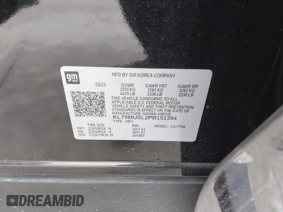 2023 Chevrolet TrailBlazer RS with VIN KL79MUSL2PB151394, listed as a IAAI auction lot 42063565 with 10,634 mi miles and . Bid and sale history available at DreamBid. Image 9.