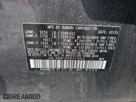 2023 Subaru Outback Touring XT with VIN 4S4BTGPD9P3179659, listed as a Copart auction lot 55819815 with 16,784 mi miles and Salvage title. Bid and sale history available at DreamBid. Image 14.