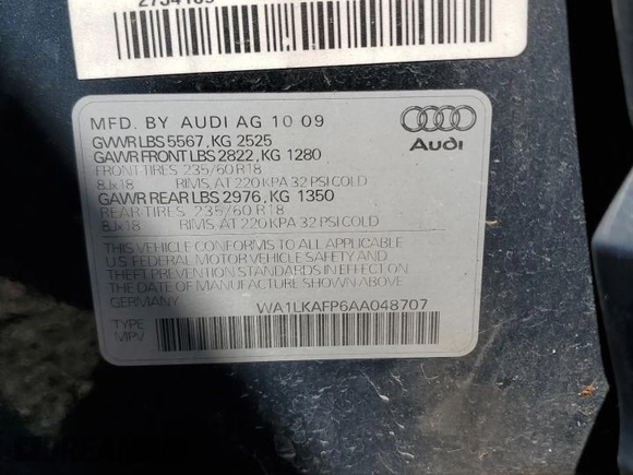 2010 Audi Q5 Premium Plus with VIN WA1LKAFP6AA048707, listed as a Copart auction lot 66695685 with 139,093 mi miles and Clean title. Bid and sale history available at DreamBid. Image 14.