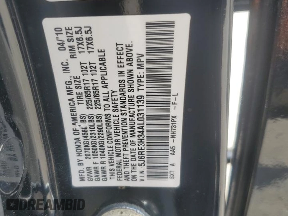 2010 Honda CR-V LX with VIN 5J6RE3H34AL031139, listed as a Copart auction lot 61414005 with 116,637 mi miles and Salvage title. Bid and sale history available at DreamBid. Image 14.