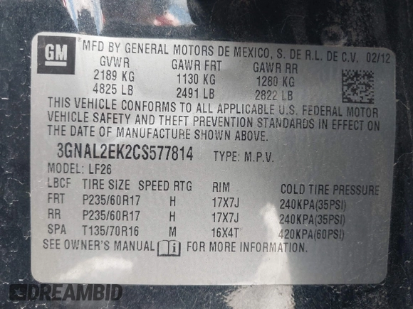 2012 Chevrolet Captiva Sport LS w/2LS with VIN 3GNAL2EK2CS577814, listed as a IAAI auction lot 42045972 with 94,020 mi miles. Bid and sale history available at carsss.com. Image 9.