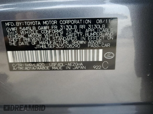 2012 Lexus LS 460 z VIN JTHBL5EF3C5108290, wystawiony jako Copart lot #55386425 z przebiegiem Nie podano mil oraz Szkody całkowita. Historia ofert i sprzedaży dostępna na DreamBid. Obrazek 13.