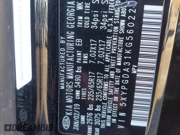 2019 Kia Sorento LX with VIN 5XYPGDA31KG560228, listed as a Copart auction lot 82094264 with 121,907 mi miles and Salvage Title. Bid and sale history available at DreamBid. Image 13.