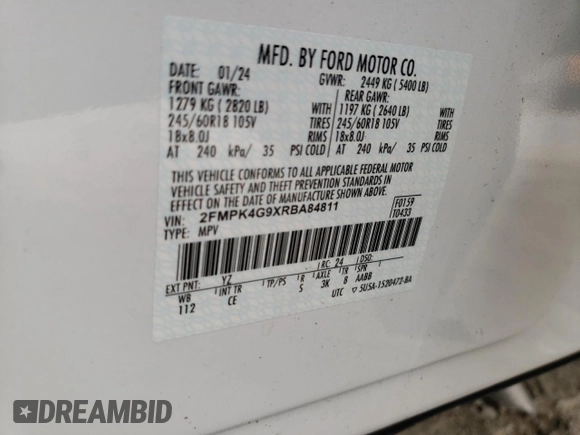 2024 Ford Edge SE with VIN 2FMPK4G9XRBA84811, listed as a Copart auction lot 59132175 with 17,342 mi miles and Non repairable. Bid and sale history available at DreamBid. Image 12.