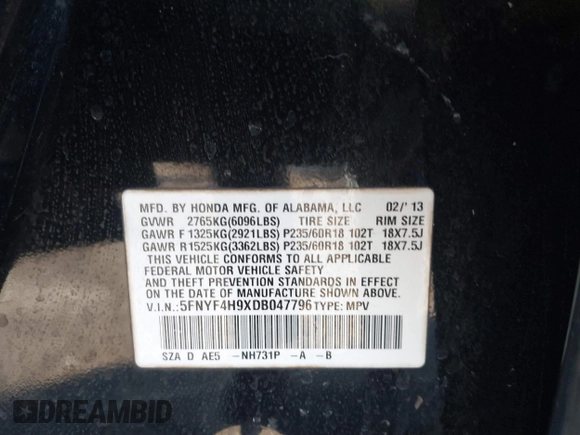 2013 Honda Pilot Touring with VIN 5FNYF4H9XDB047796, listed as a IAAI auction lot 41591189 with 188,579 mi miles and . Bid and sale history available at carsss.com. Image 9.