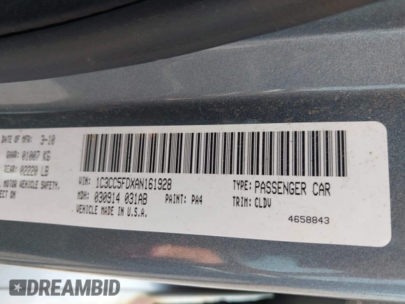 2010 Chrysler Sebring Limited with VIN 1C3CC5FDXAN161928, listed as a IAAI auction lot 42762581 with 182,795 mi miles and . Bid and sale history available at DreamBid. Image 9.