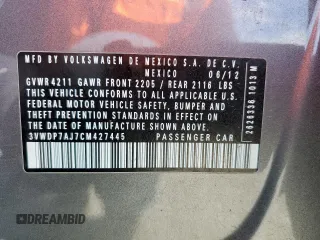 2012 Volkswagen Jetta SE with VIN 3VWDP7AJ7CM427445, listed as a Copart auction lot 63610155 with 161,939 mi miles and Salvage title. Bid and sale history available at DreamBid. Image 12.
