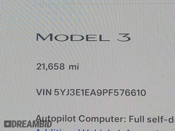 2023 Tesla Model 3 z VIN 5YJ3E1EA9PF576610, wystawiony jako IAAI lot #42206777 z przebiegiem 21 658 mil mil oraz . Historia ofert i sprzedaży dostępna na DreamBid. Obrazek 15.