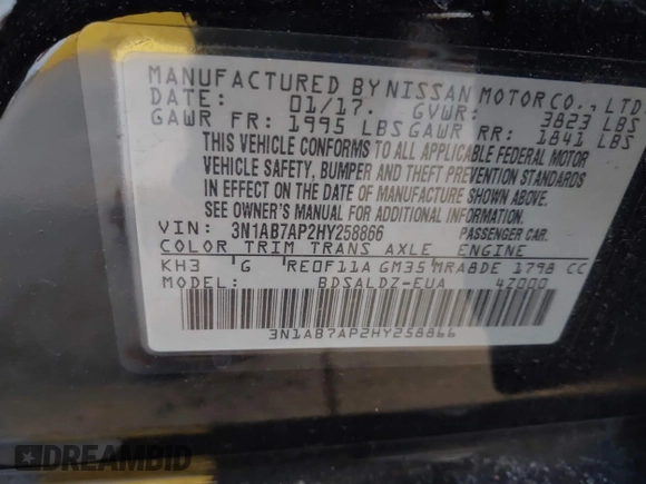 2017 Nissan Sentra S with VIN 3N1AB7AP2HY258866, listed as a IAAI auction lot 41261282 with 67,476 mi miles and . Bid and sale history available at DreamBid. Image 9.