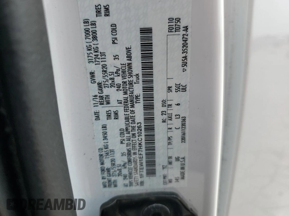2017 Ford F-150 XL with VIN 1FTEW1EF7HKC10263, listed as a Copart auction lot 60650175 with 167,319 mi miles and Salvage title. Bid and sale history available at DreamBid. Image 13.