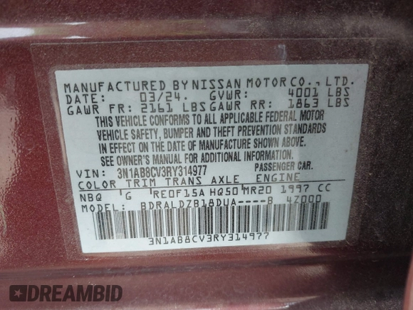2024 Nissan Sentra SV with VIN 3N1AB8CV3RY314977, listed as a IAAI auction lot 42612915 with 27,805 mi miles and . Bid and sale history available at DreamBid. Image 9.