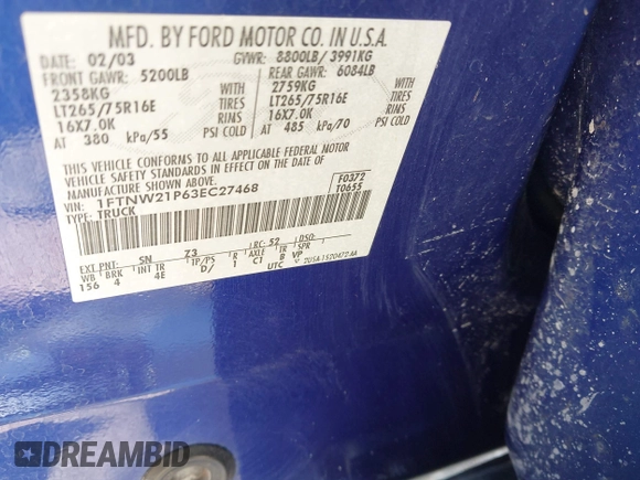 2003 Ford F-250 XL с VIN 1FTNW21P63EC27468, выставлен на аукционе IAAI как лот 42819129 с пробегом 200 910 миль миль и . История ставок и продаж доступна на DreamBid. Изображение 9.