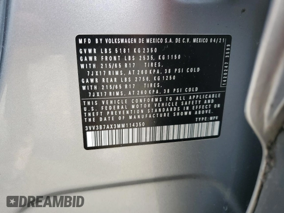 2021 Volkswagen Tiguan SE z VIN 3VV3B7AX3MM114350, wystawiony jako Copart lot #58777075 z przebiegiem 87 554 mil mil oraz Szkoda całkowita • Salvage title. Historia ofert i sprzedaży dostępna na DreamBid. Obrazek 14.