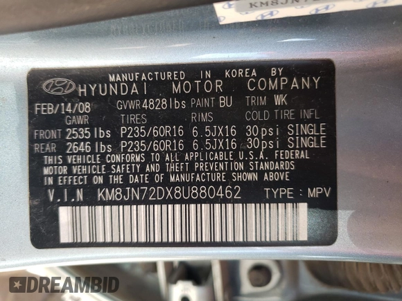 2008 Hyundai Tucson SE with VIN KM8JN72DX8U880462, listed as a Copart auction lot 65831134 with 92,077 mi miles and Salvage Title. Bid and sale history available at carsss.com. Image 13.