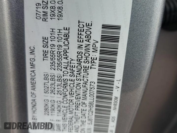 2020 Acura RDX Technology with VIN 5J8TC2H58LL007573, listed as a Copart auction lot 63946115 with 54,638 mi miles and Salvage title. Bid and sale history available at DreamBid. Image 13.