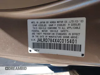 2004 Honda CR-V LX with VIN JHLRD784X4C015401, listed as a IAAI auction lot 39704765 with 158,987 mi miles and . Bid and sale history available at carsss.com. Image 9.